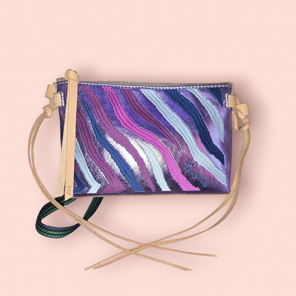 Consuela Val Midtown Crossbody Bag Purple Blue Zebra Print Embroidered Boho